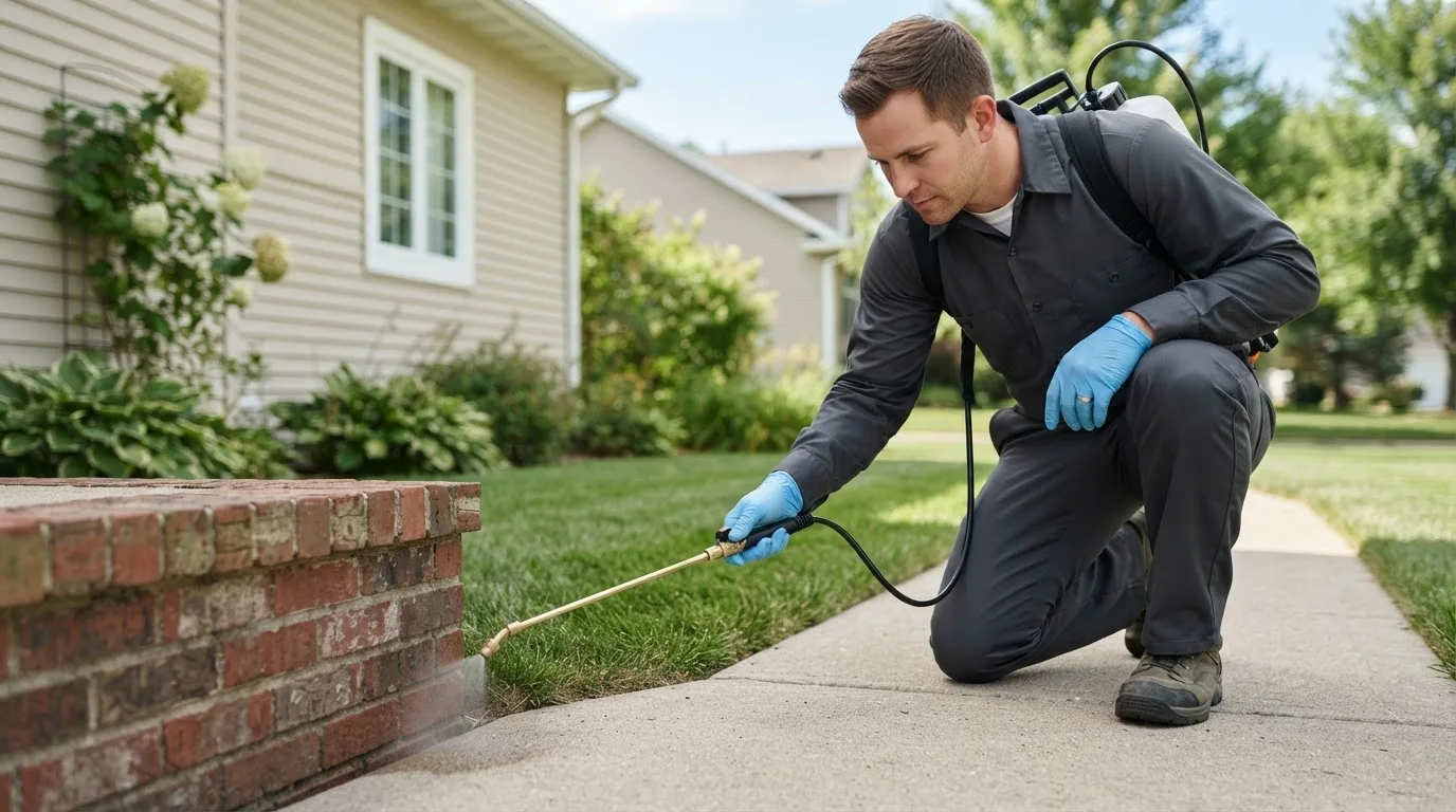 Pest control technician treating a home near Lakewood, CO